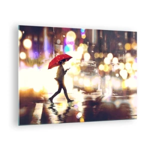 Quadro su vetro - Una figura con un ombrello rosso su una strada piovosa di notte - 70x50cm - Tuttavia è assolata - Decorazione murale moderna per soggiorno e camera da letto ARTTOR