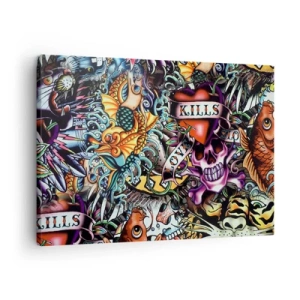 Quadro su tela - Stampe su Tela - Colorata opera d'arte in stile tatuaggio con teschi e motivi nautici - 70x50cm - Il sogno del tatuatore - Decorazione murale moderna per soggiorno e camera da letto ARTTOR