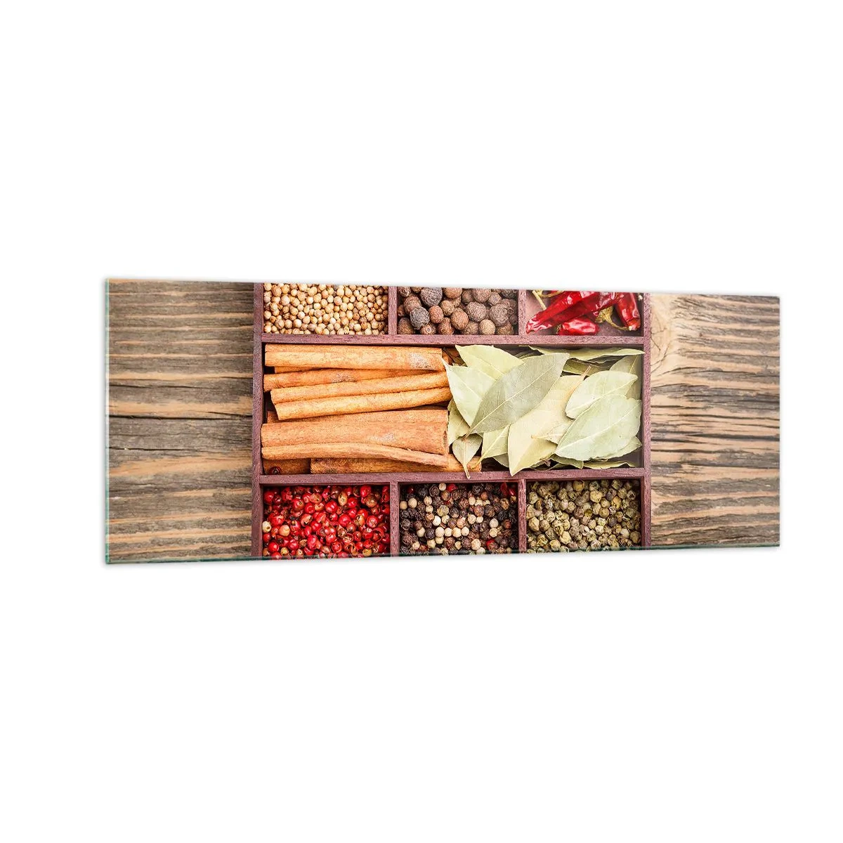 Quadro su vetro - Scatola di legno con varie spezie in scomparti - 140x50cm - Ordine delle forme, bouquet degli aromi - Decorazione murale moderna per soggiorno e camera da letto ARTTOR