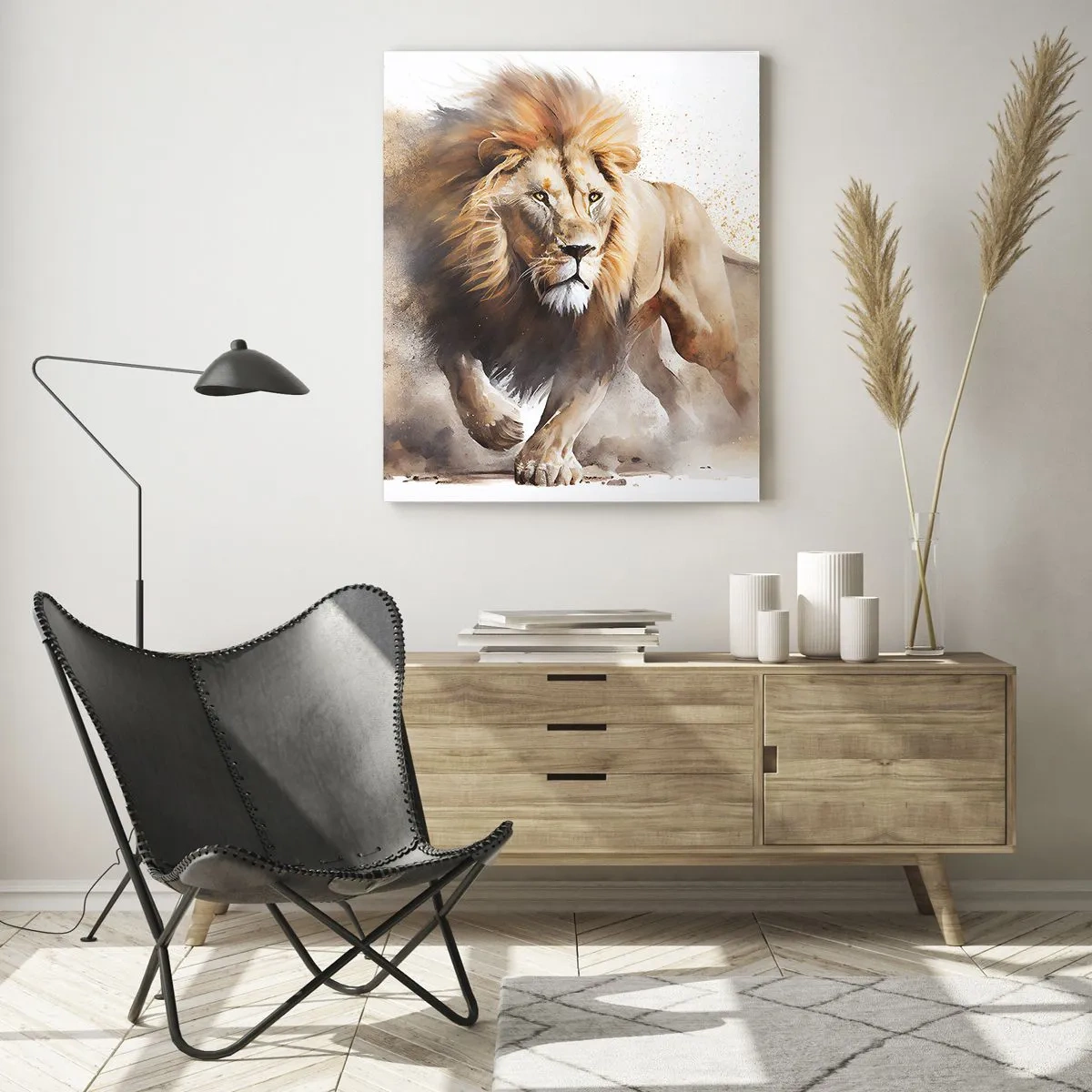 Quadro su vetro - Uno scatto dinamico in stile acquerello di un leone che corre - 50x70cm - Il re si è mosso - Decorazione murale moderna per soggiorno e camera da letto ARTTOR