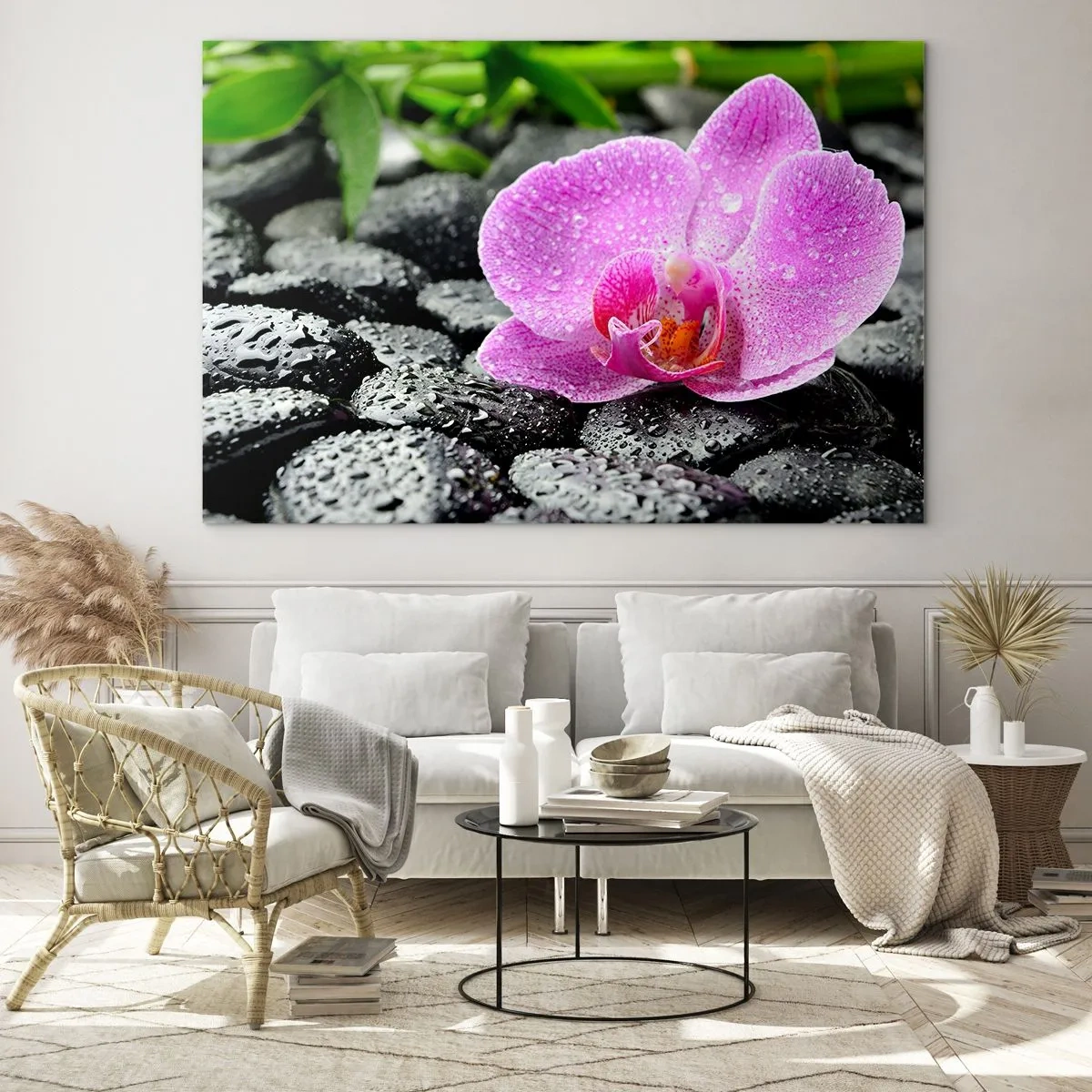 Quadro su vetro - Fiore di orchidea rosa su pietre nere bagnate - 100x70cm - Come un cuore aperto - Decorazione murale moderna per soggiorno e camera da letto ARTTOR