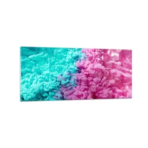 Quadro su vetro - Onde colorate di turchese e rosa in una forma astratta - 120x50cm - Scontro decisivo - Decorazione murale moderna per soggiorno e camera da letto ARTTOR