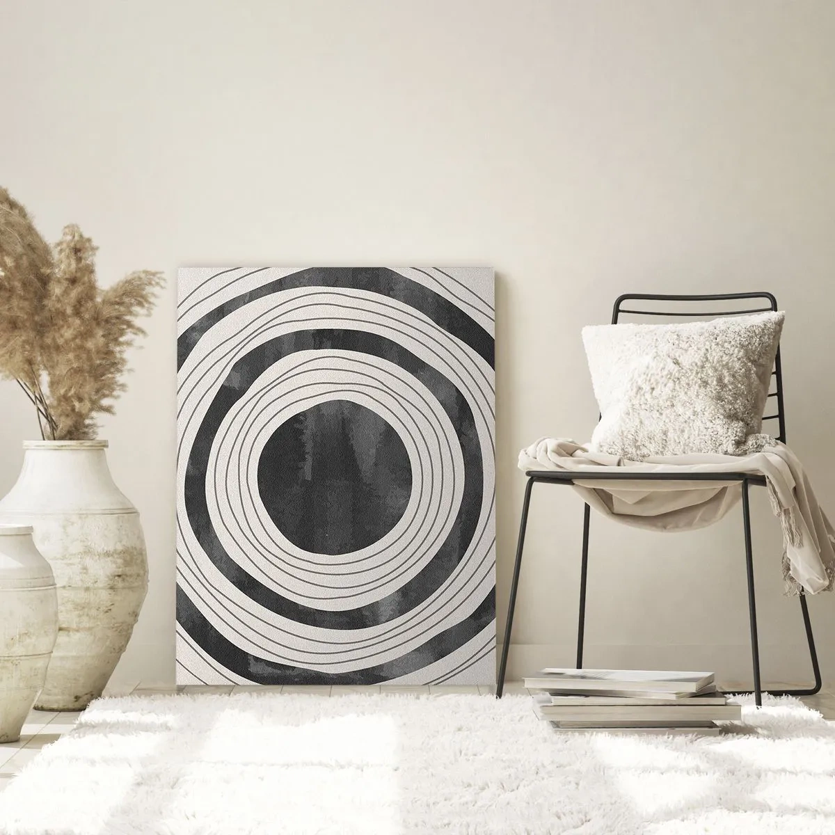 Quadro su vetro - Cerchi concentrici bianchi e neri con contorni irregolari - 50x70cm - Proprio al centro - Decorazione murale moderna per soggiorno e camera da letto ARTTOR