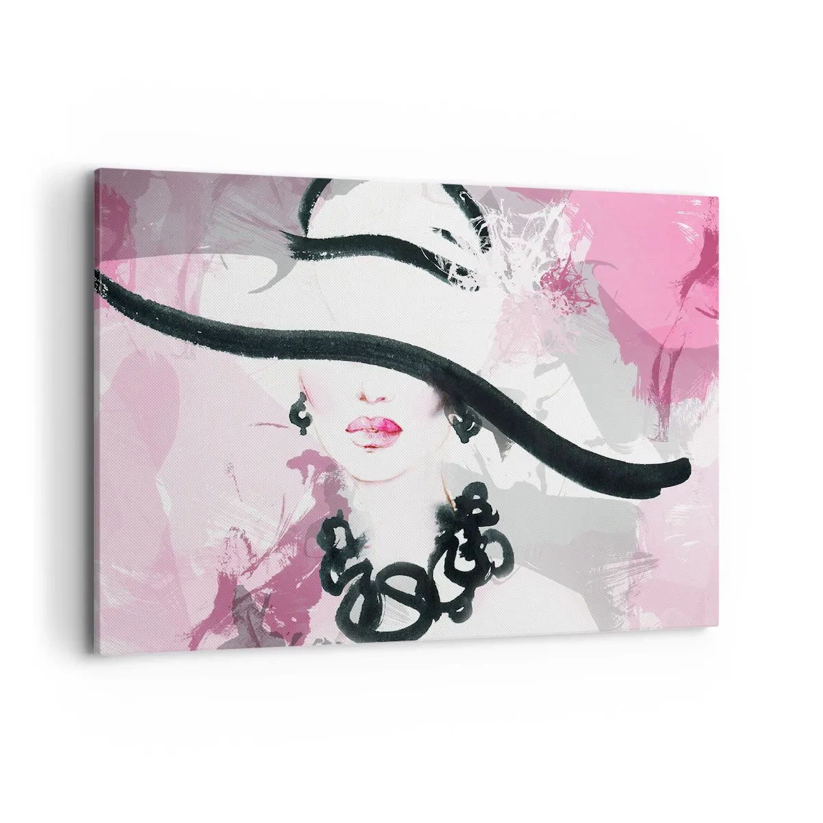 Quadro su tela - Stampe su Tela - Una donna elegante con un cappello su uno sfondo di astrazioni rosa. - 100x70cm - Ritratto di donna in nero e rosa - Decorazione murale moderna per soggiorno e camera da letto ARTTOR