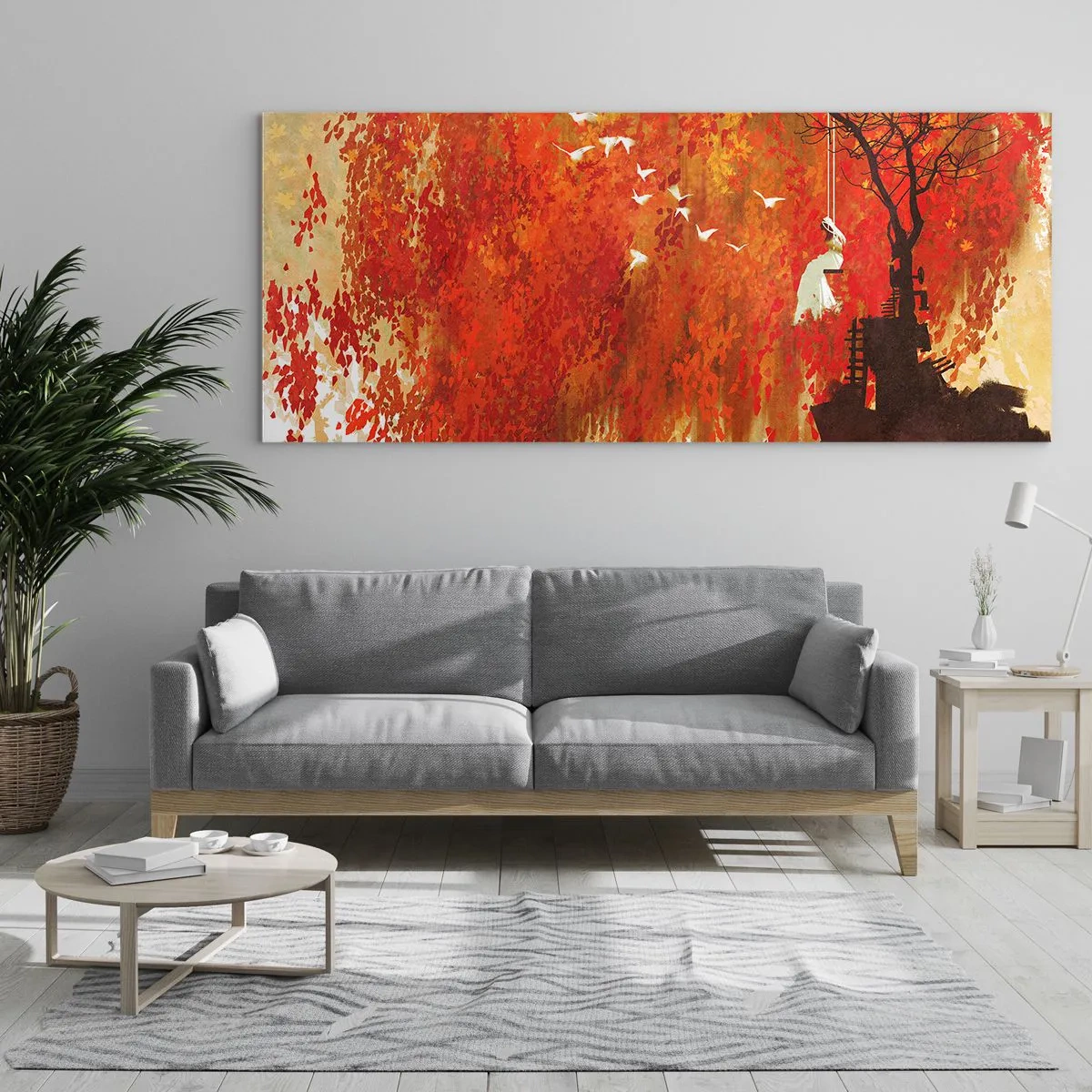 Quadro su vetro - Una figura su un'altalena vicino a un albero circondata da foglie rosse - 140x50cm - Voli con noi? - Decorazione murale moderna per soggiorno e camera da letto ARTTOR