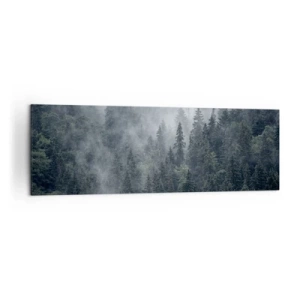 Quadro su tela - Stampe su Tela - Foresta di conifere nebbiosa nei toni del grigio e del verde - 160x50cm - Alba nel bosco - Decorazione murale moderna per soggiorno e camera da letto ARTTOR