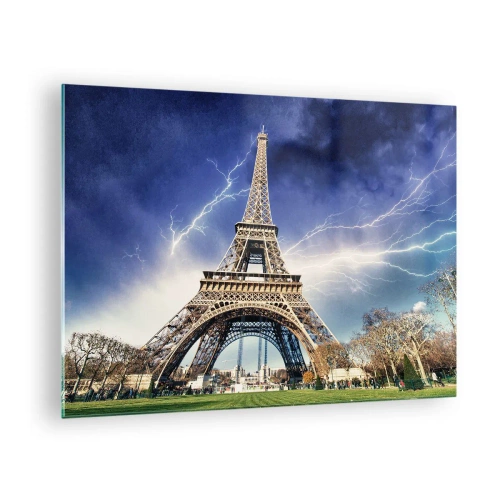 Quadro su vetro - La Torre Eiffel circondata da fulmini in una giornata nuvolosa - 70x50cm - La signora delle tempeste - Decorazione murale moderna per soggiorno e camera da letto ARTTOR