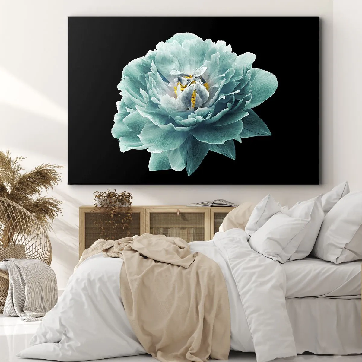 Quadro su tela - Stampe su Tela - Fiore di peonia turchese su sfondo nero - 70x50cm - Petali blu e oro - Decorazione murale moderna per soggiorno e camera da letto ARTTOR