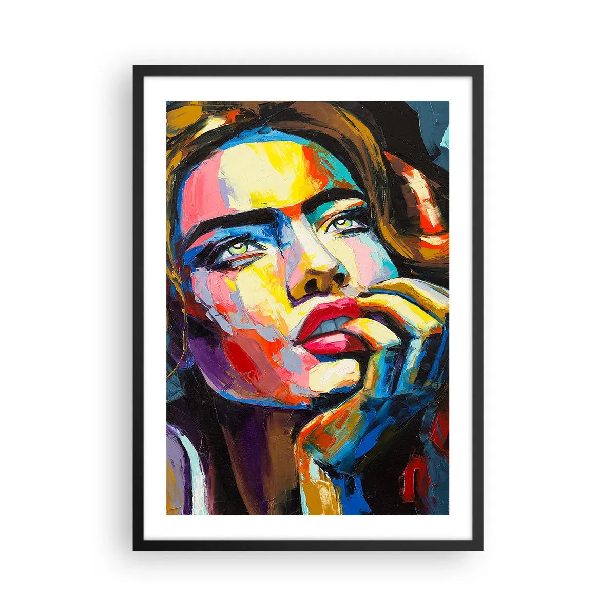 Poster in cornice nera - Un ritratto di donna sorprendente e colorato, in uno stile espressivo. - 50x70cm - I sogni come uccelli planano nel cielo - Decorazione murale moderna per soggiorno e camera da letto ARTTOR