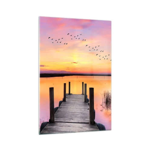Quadro su vetro - Un molo su un lago al tramonto con uccelli nel cielo - 70x100cm - Alba viola e silenziosa - Decorazione murale moderna per soggiorno e camera da letto ARTTOR
