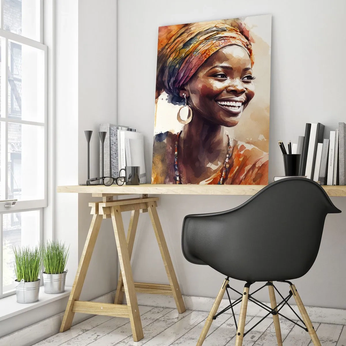 Quadro su vetro - Ritratto ad acquerello di una donna sorridente con un turbante - 50x70cm - Regina africana - Decorazione murale moderna per soggiorno e camera da letto ARTTOR