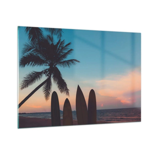Quadro su vetro - Palma e tavole da surf sulla spiaggia al tramonto - 100x70cm - Domani anche ci divertiamo - Decorazione murale moderna per soggiorno e camera da letto ARTTOR