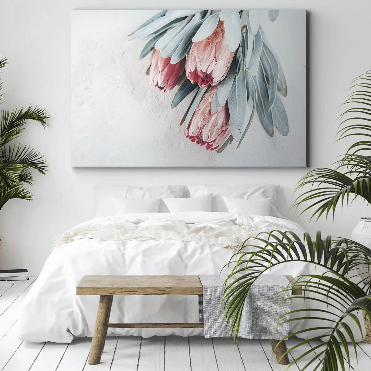 Quadro su tela - Stampe su Tela - Delicati fiori di protea rosa su uno sfondo chiaro - 120x80cm - Imbarazzati per la propria bellezza - Decorazione murale moderna per soggiorno e camera da letto ARTTOR