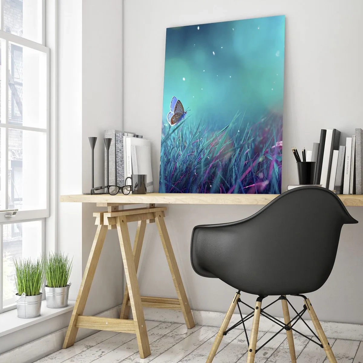 Quadro su vetro - Farfalla sull'erba in luce pastello - 50x70cm - La vita segreta del prato - Decorazione murale moderna per soggiorno e camera da letto ARTTOR