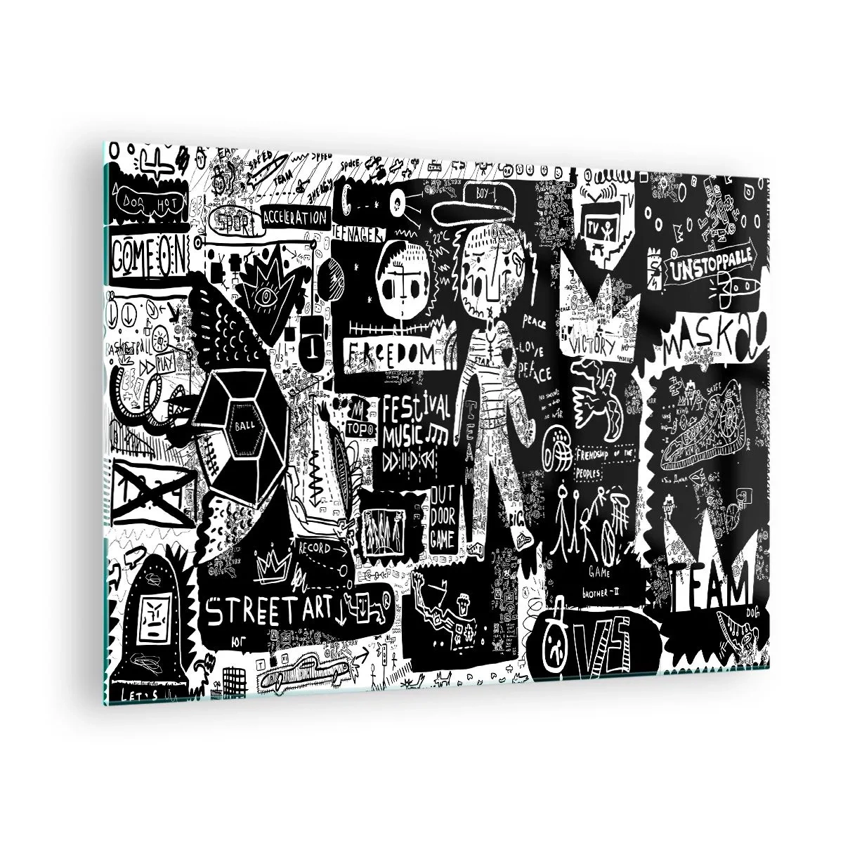 Quadro su vetro - Grafica in stile street art in bianco e nero con personaggi e simboli - 70x50cm - Gioventù spirituale di giustizia e gioia - Decorazione murale moderna per soggiorno e camera da letto ARTTOR