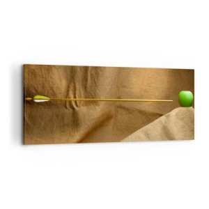 Quadro su tela - Stampe su Tela - Mela verde su tessuto con una freccia che crea una composizione - 120x50cm - Evocare lo spirito di Guglielmo Tell - Decorazione murale moderna per soggiorno e camera da letto ARTTOR