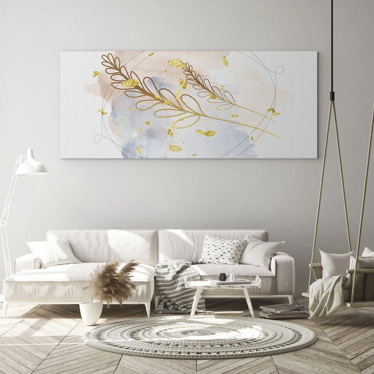 Quadro su vetro - Un delicato motivo a foglia dorata su uno sfondo pastello con dettagli acquerellati. - 120x50cm - Soffio d'oro - Decorazione murale moderna per soggiorno e camera da letto ARTTOR