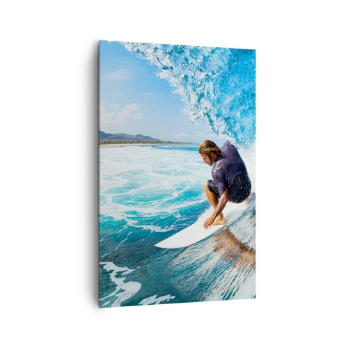 Quadro su tela - Stampe su Tela - Un surfista in posa dinamica su un'onda in acqua turchese. - 80x120cm - Ballando con le onde - Decorazione murale moderna per soggiorno e camera da letto ARTTOR