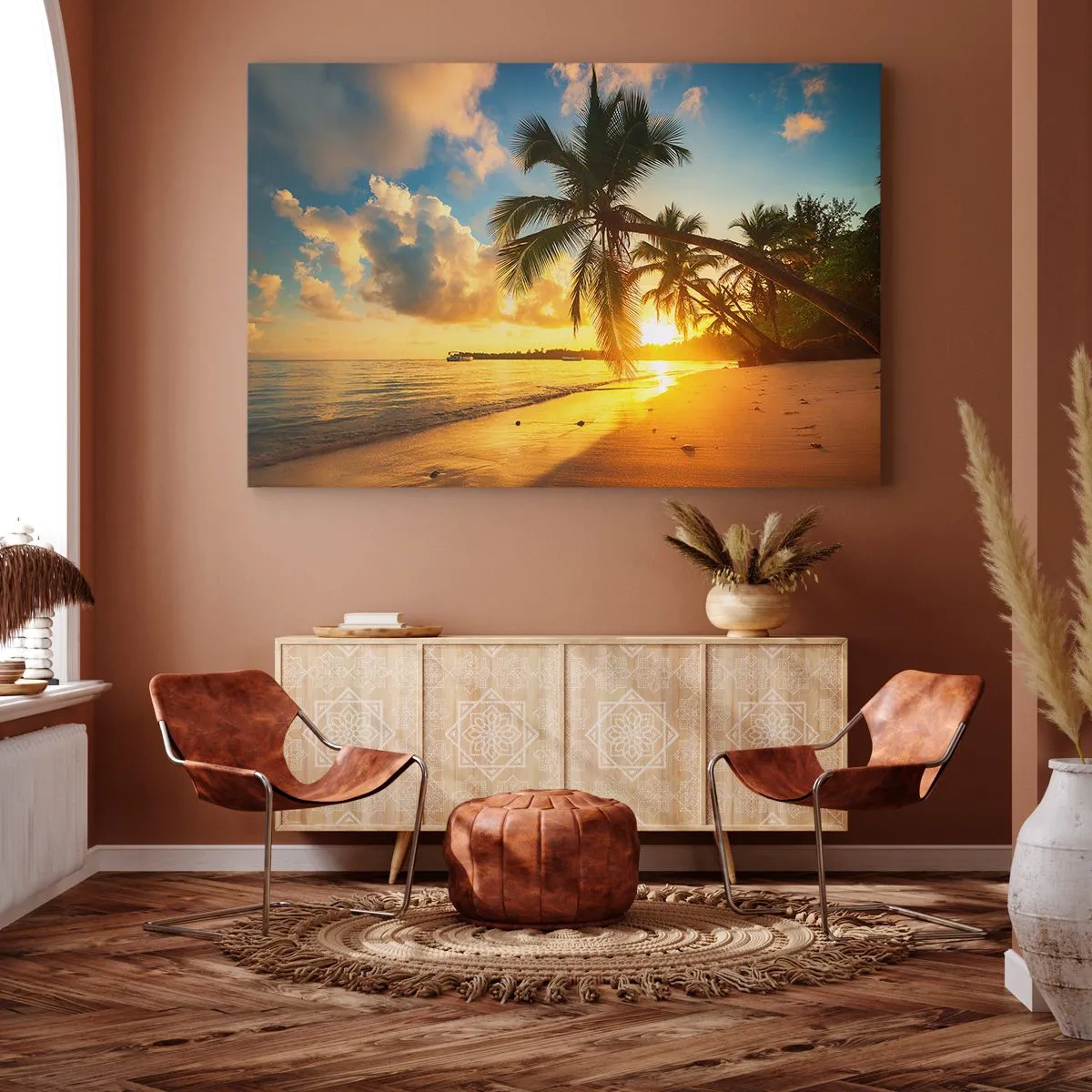 Quadro su tela - Stampe su Tela - Spiaggia al tramonto con palme in riva al mare - 120x80cm - Sogno dei Caraibi - Decorazione murale moderna per soggiorno e camera da letto ARTTOR