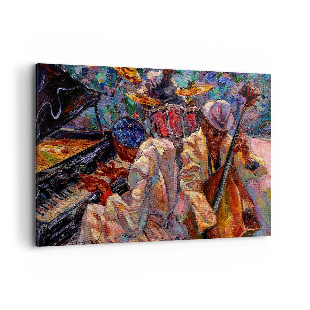 Quadro su tela - Stampe su Tela - Scena jazz energica con musicisti e strumenti - 120x80cm - In un unico ritmo - Decorazione murale moderna per soggiorno e camera da letto ARTTOR
