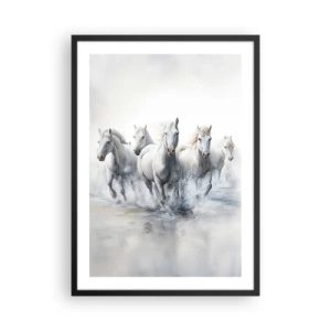 Poster in cornice nera - Cavalli bianchi che galoppano nell'acqua in un ambiente dinamico - 50x70cm - Magia bianca - Decorazione murale moderna per soggiorno e camera da letto ARTTOR