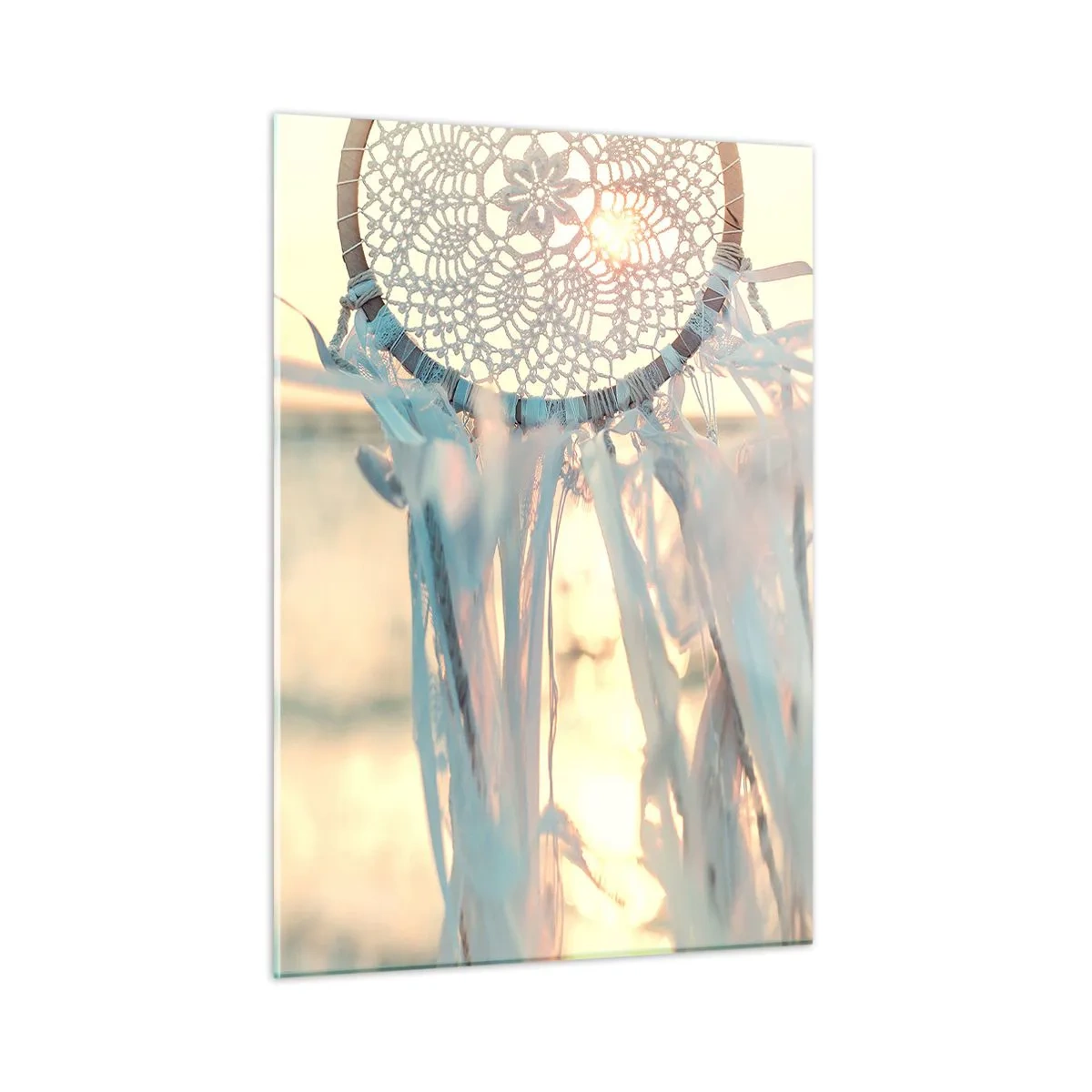 Quadro su vetro - Un totem di pizzo con delicate frange sullo sfondo del sole al tramonto sul mare. - 50x70cm - Totem di pizzo - Decorazione murale moderna per soggiorno e camera da letto ARTTOR