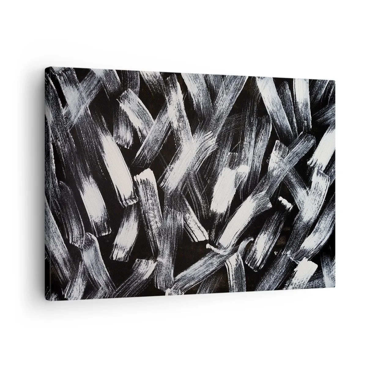 Quadro su tela - Stampe su Tela - Astrazione dinamica con pennellate bianche su sfondo nero. - 70x50cm - Astrazione in spirito industriale - Decorazione murale moderna per soggiorno e camera da letto ARTTOR