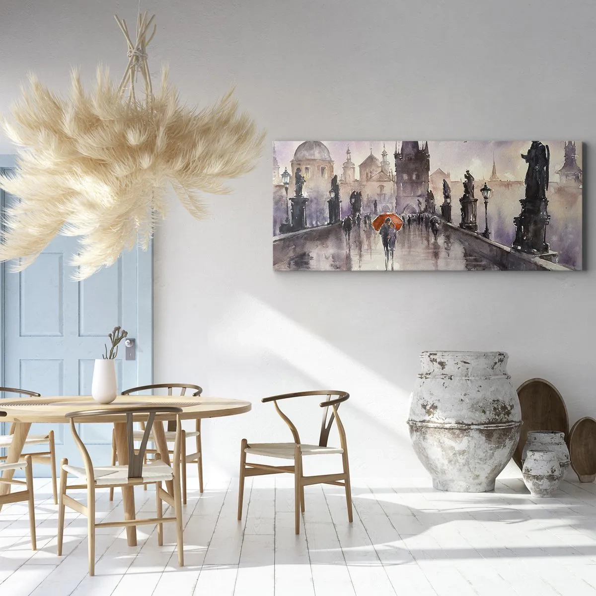 Quadro su tela - Stampe su Tela - Vista romantica di un ponte con un ombrello sullo sfondo di una città serale - 140x50cm - Le persone non cambiano - Decorazione murale moderna per soggiorno e camera da letto ARTTOR