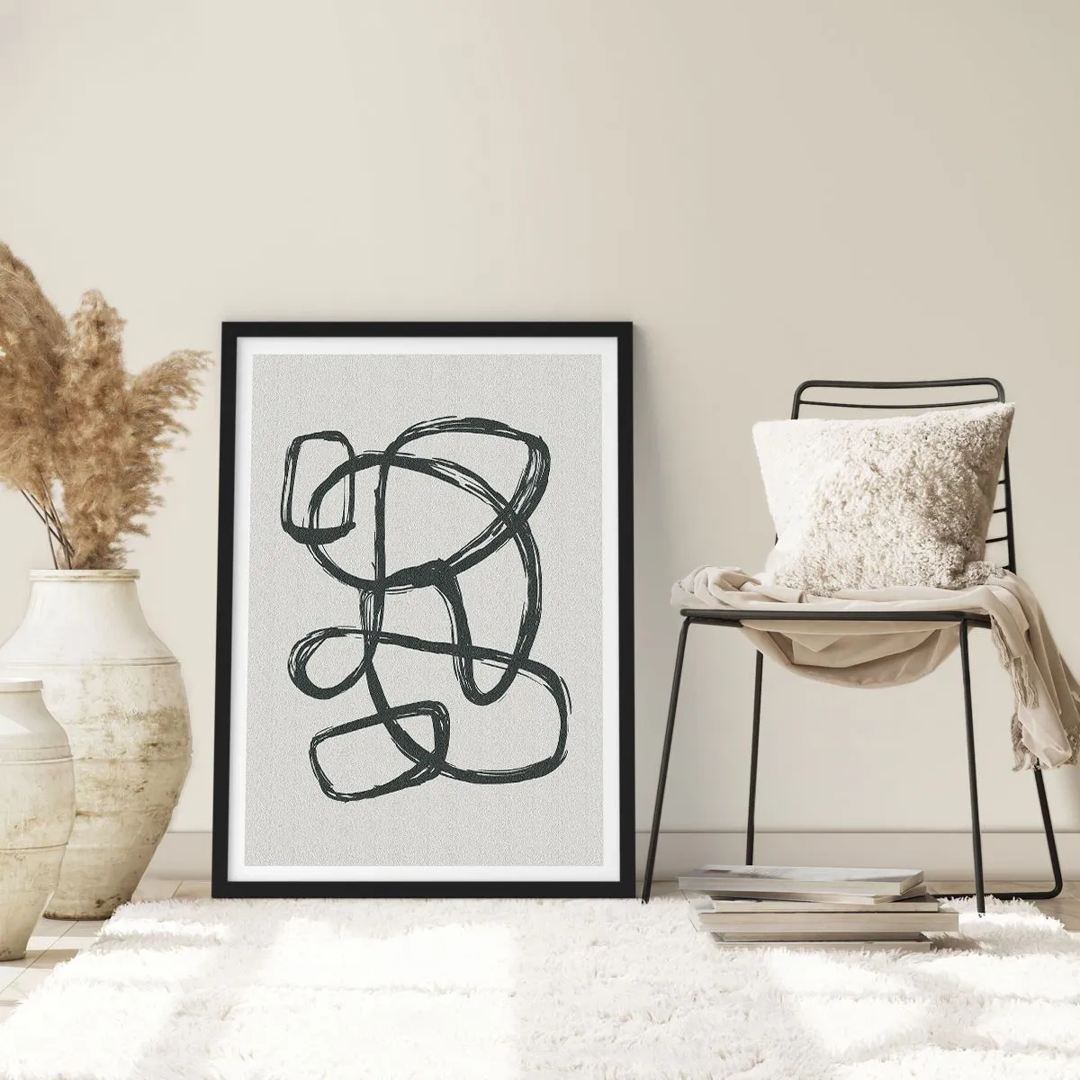 Poster in cornice nera - Linea nera astratta su sfondo chiaro - 50x70cm - Astrazione aggrovigliata - Decorazione murale moderna per soggiorno e camera da letto ARTTOR
