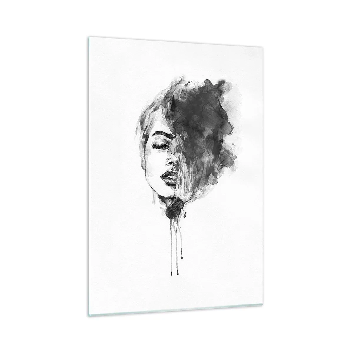 Quadro su vetro - Ritratto in bianco e nero di una donna con un'ombra astratta - 50x70cm - Cosa sogna la ragazza - Decorazione murale moderna per soggiorno e camera da letto ARTTOR