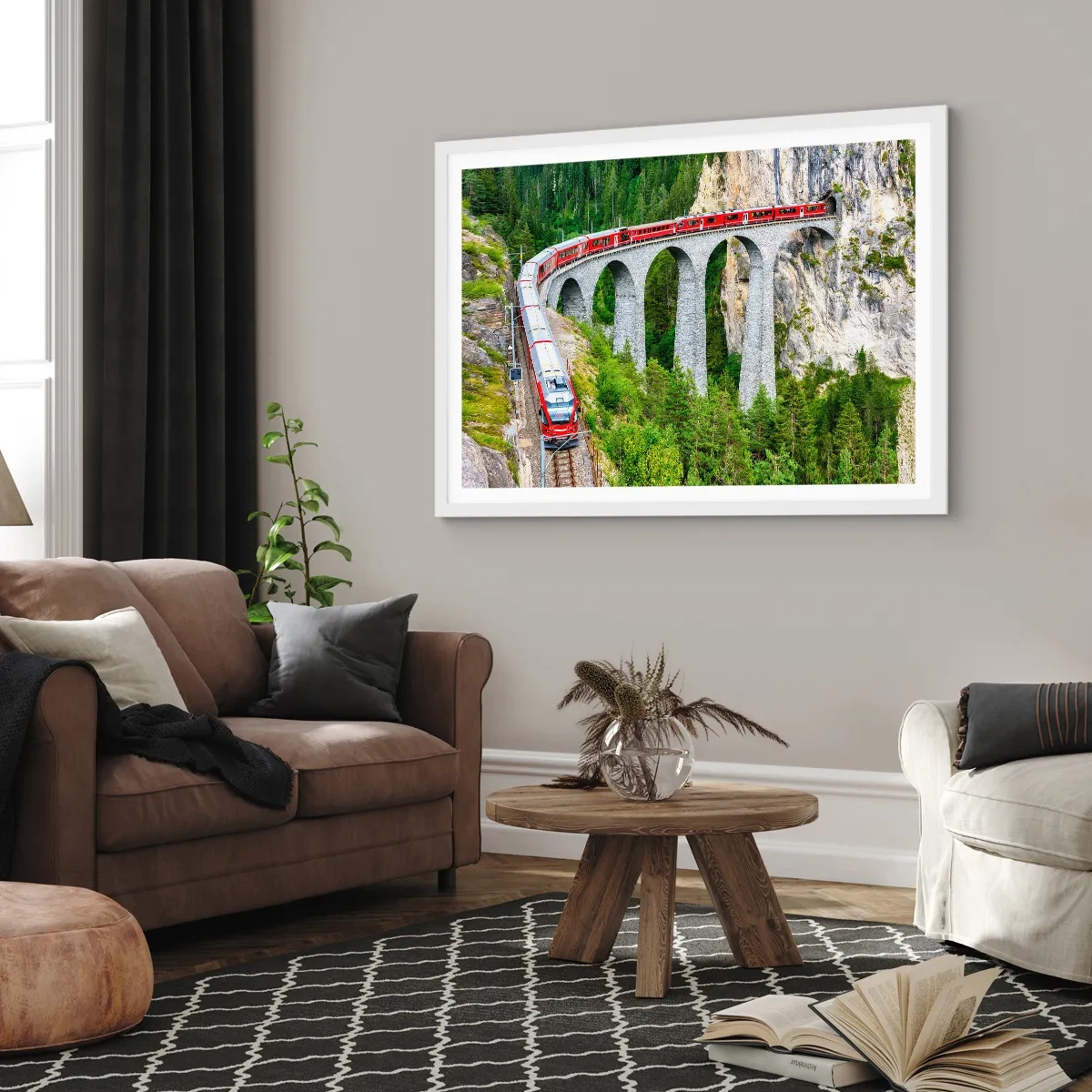 Poster in cornice bianca - Il treno tra i monti - 100x70 cm