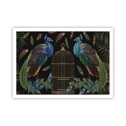 Poster - Pavoni accanto a una gabbia dorata su sfondo nero - 100x70cm - Con gli abiti reali - Decorazione murale moderna per soggiorno e camera da letto ARTTOR