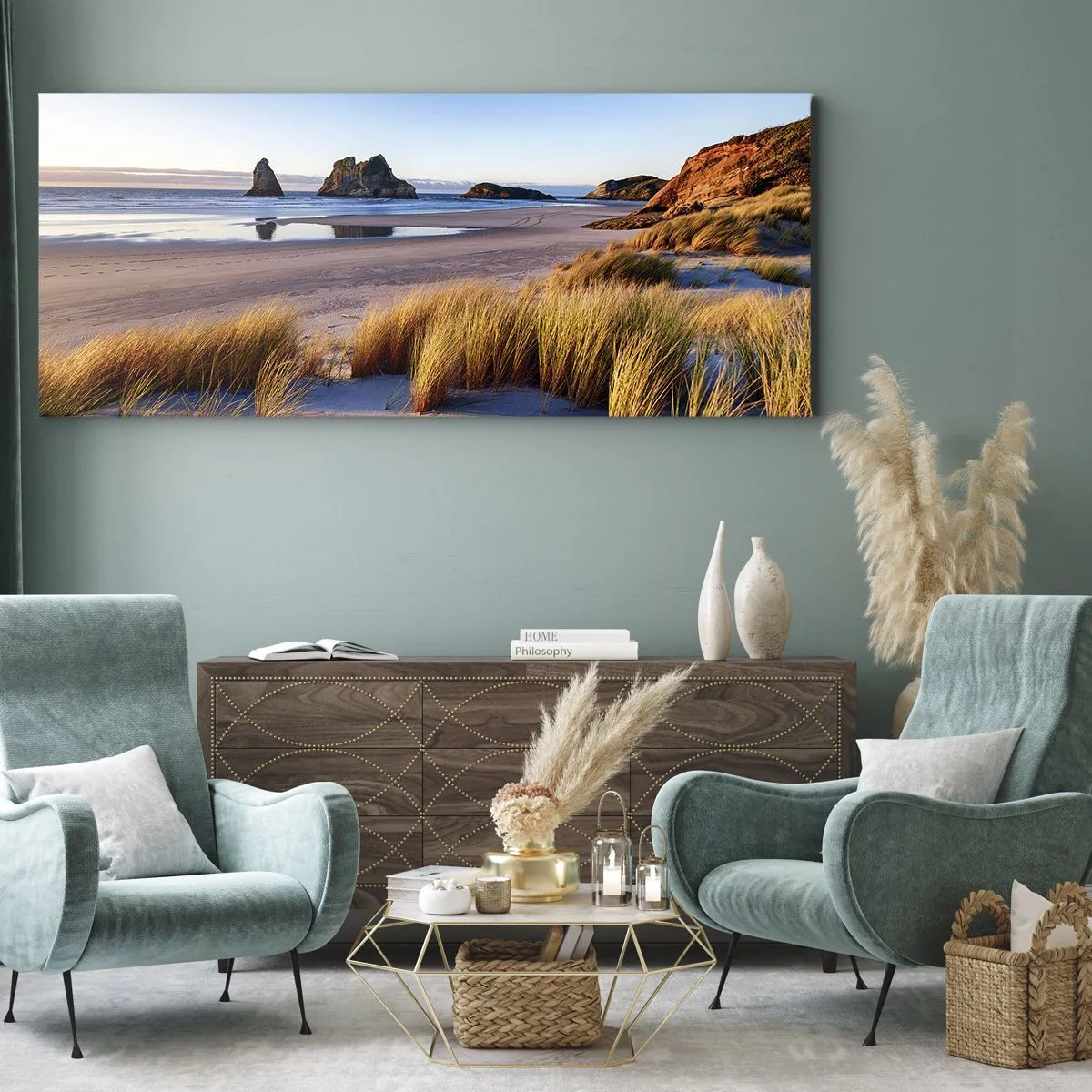 Quadro su tela - Stampe su Tela - Una spiaggia pittoresca con vista sulle rocce e sul mare al tramonto - 120x50cm - Per i cercatori di pace - Decorazione murale moderna per soggiorno e camera da letto ARTTOR