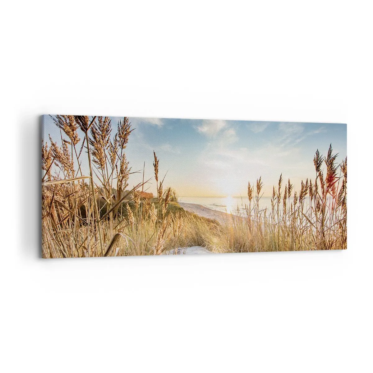 Quadro su tela - Stampe su Tela - Una spiaggia pittoresca con erba e il sole al tramonto - 120x50cm - Spiaggia del nord - Decorazione murale moderna per soggiorno e camera da letto ARTTOR