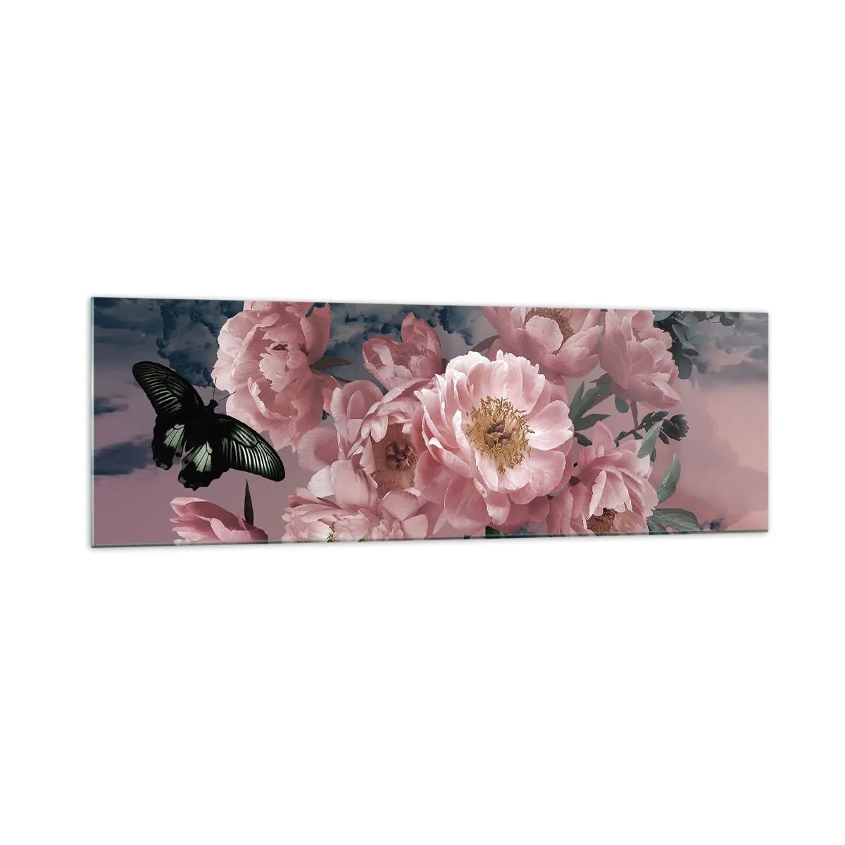 Quadro su vetro - Peonie rosa con farfalla su sfondo pastello - 160x50cm - L'apice della romanticità - Decorazione murale moderna per soggiorno e camera da letto ARTTOR