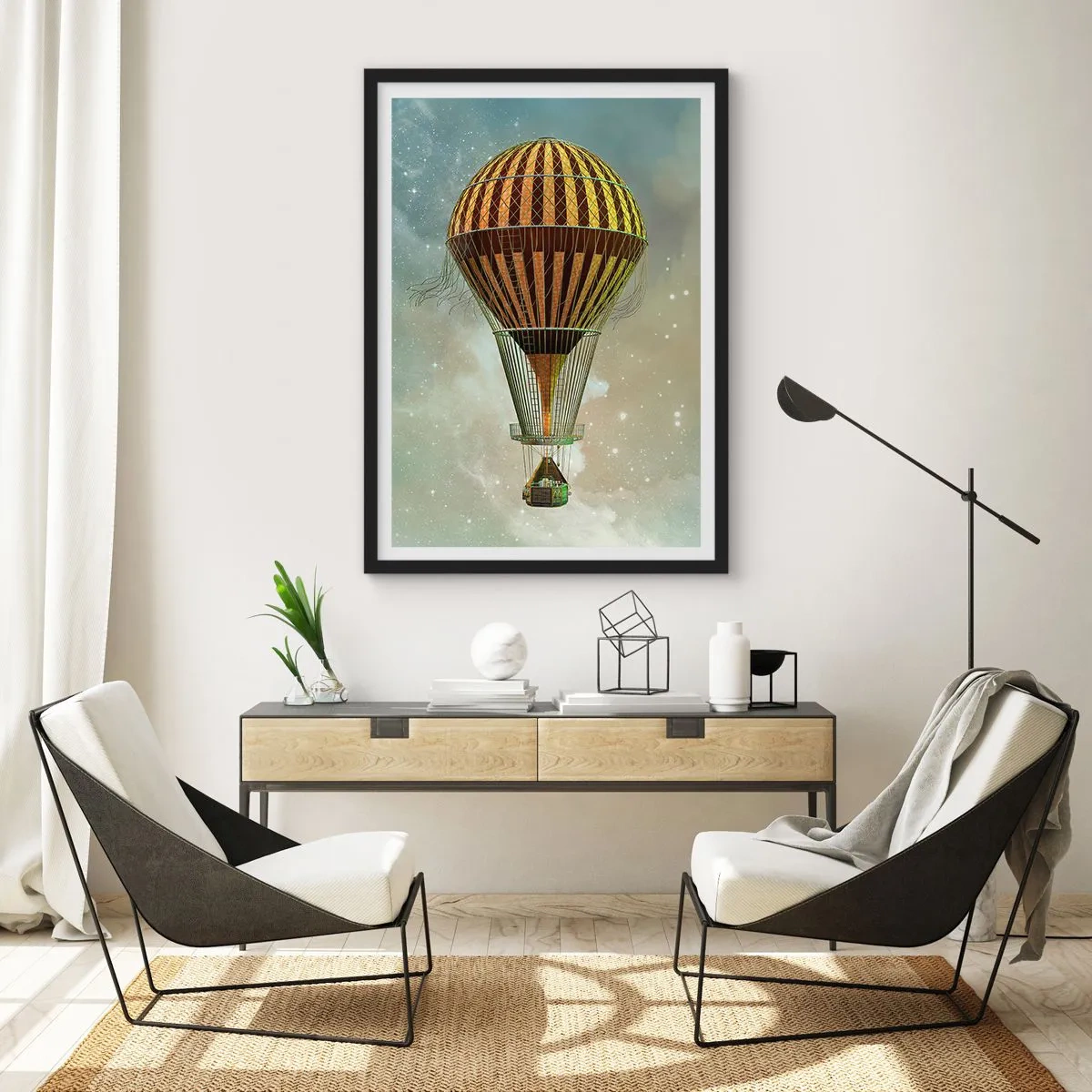 Poster in cornice nera - Un pallone dorato che fluttua nello spazio - 50x70cm - I voli dei pionieri - Decorazione murale moderna per soggiorno e camera da letto ARTTOR