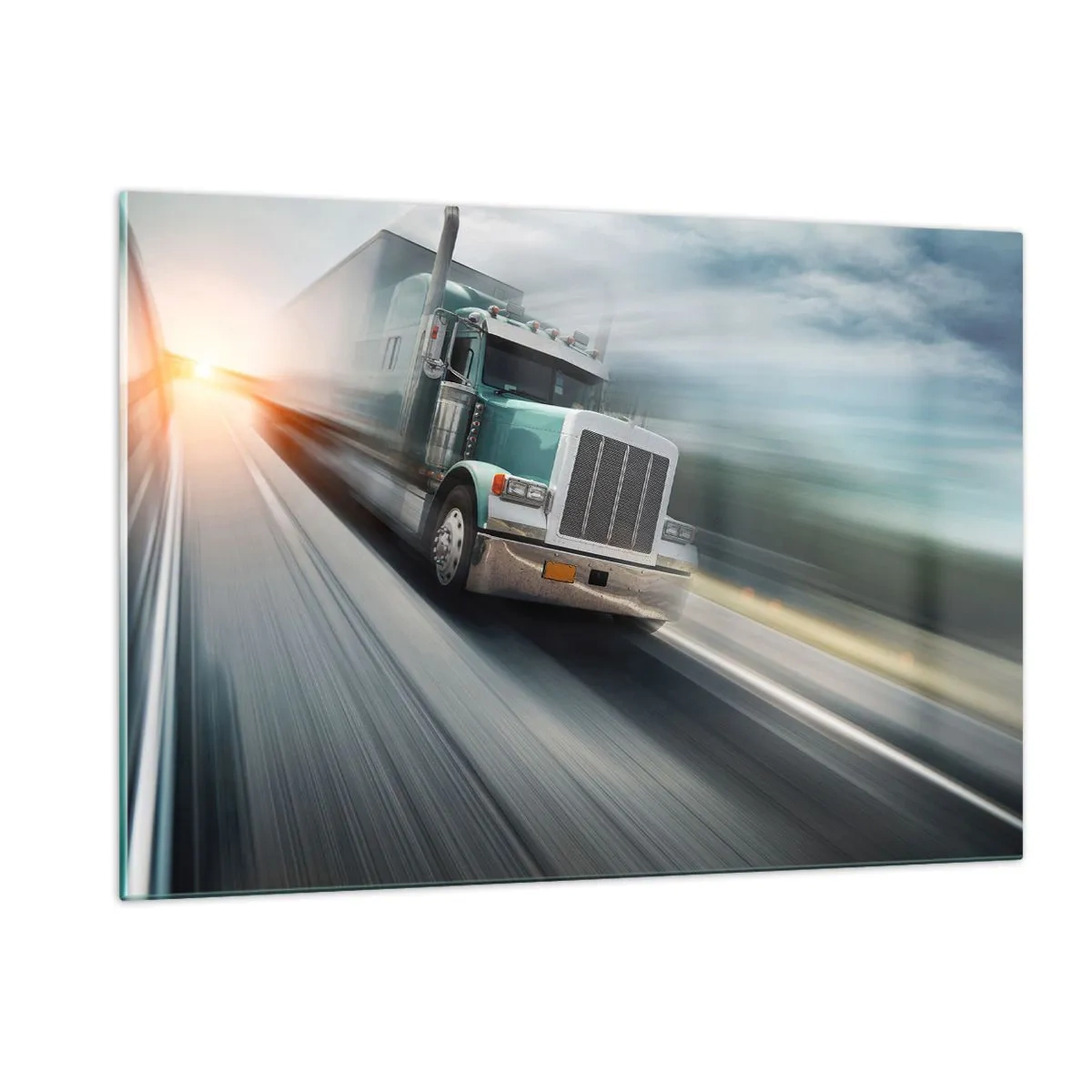 Quadro su vetro - Camion in autostrada al tramonto - 120x80cm - Gigante americano in corsa - Decorazione murale moderna per soggiorno e camera da letto ARTTOR