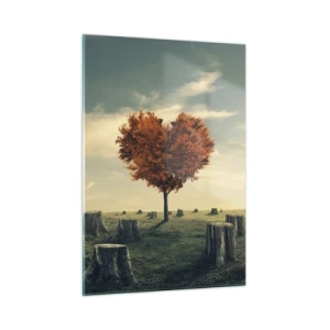 Quadro su vetro - Un albero a forma di cuore circondato da tronchi tagliati in una radura - 50x70cm - C'è sempre speranza - Decorazione murale moderna per soggiorno e camera da letto ARTTOR