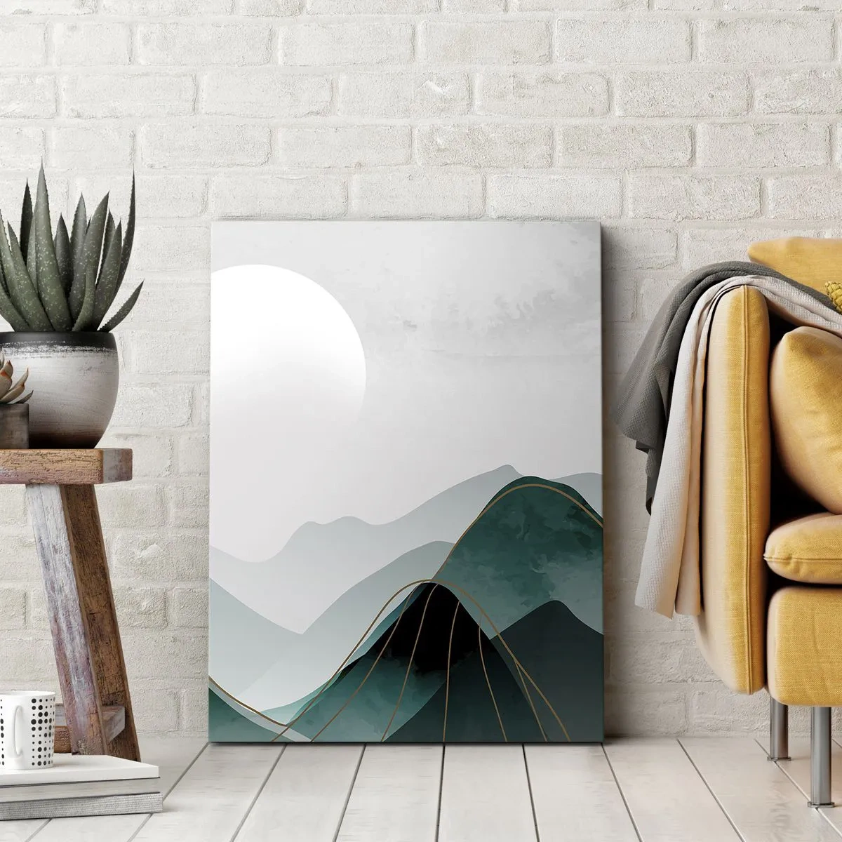 Quadro su tela - Stampe su Tela - Paesaggio montano astratto con la luna e linee dorate - 80x120cm - In tutta la maestà - Decorazione murale moderna per soggiorno e camera da letto ARTTOR