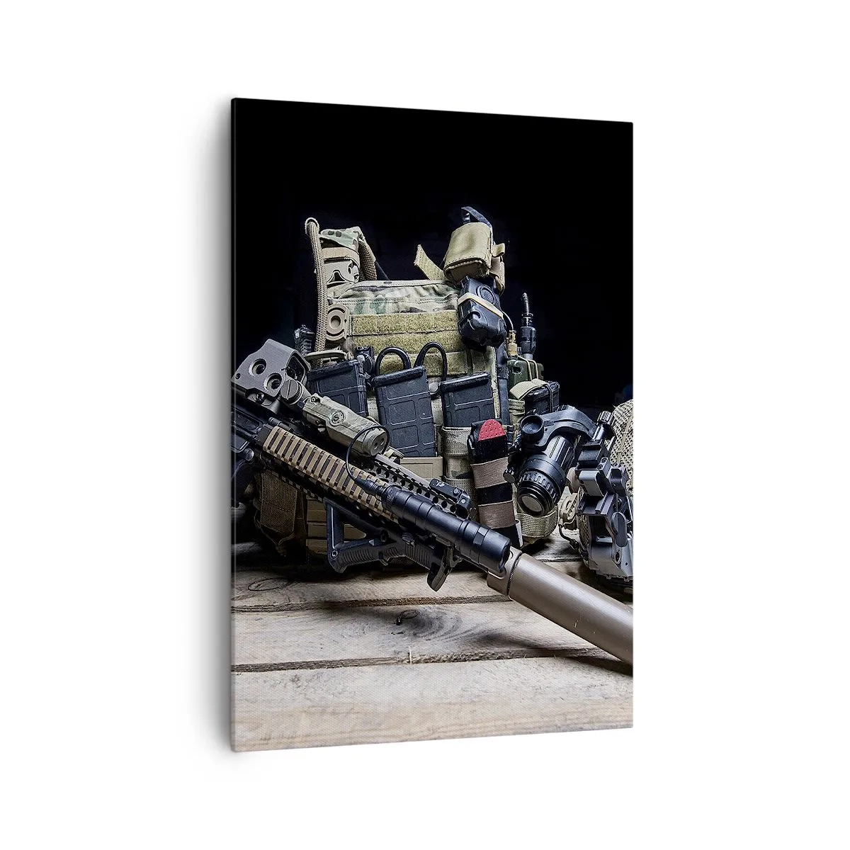 Quadro su tela - Stampe su Tela - Attrezzatura tattica con un fucile su un tavolo di legno - 70x100cm - Riposo! - Decorazione murale moderna per soggiorno e camera da letto ARTTOR