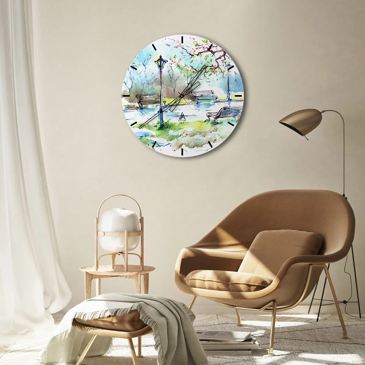 Orologio da parete - Orologio in Vetro - Un parco con panchine, lanterne e alberi in fiore in stile acquerello. - 30x30cm - Il fascino del silenzio del parco - Decorazione murale moderna per soggiorno, cucina e camera da letto ARTTOR