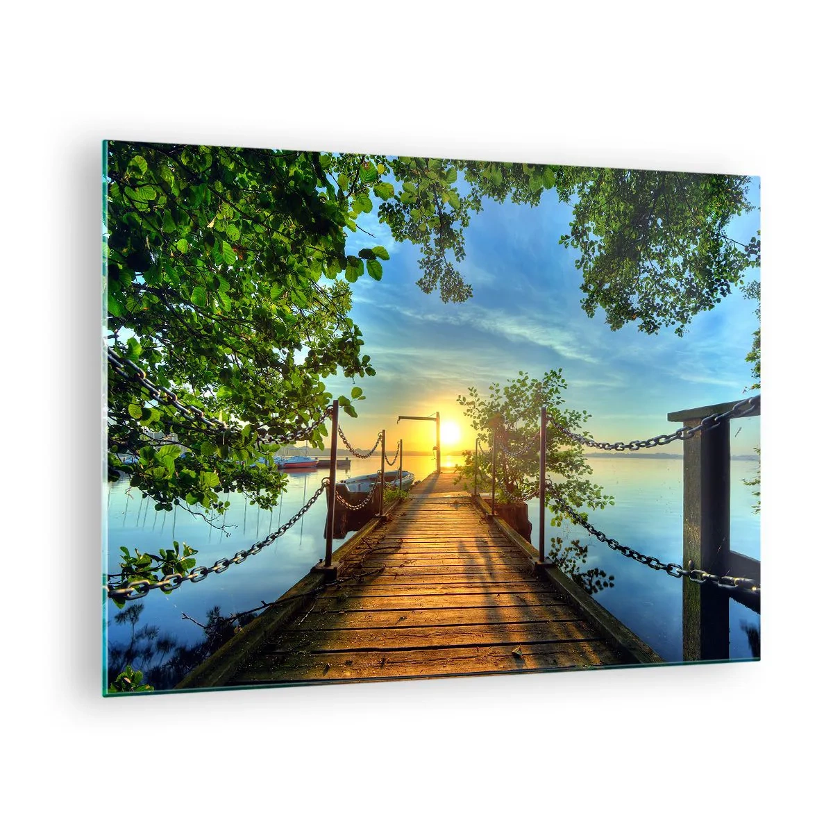 Quadro su vetro - Un molo con vista sul tramonto sul lago - 70x50cm - Tramonto sul lago - Decorazione murale moderna per soggiorno e camera da letto ARTTOR