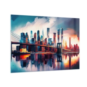 Quadro su vetro - Panorama della città con un ponte contro il cielo colorato e riflesso nell'acqua - 70x50cm - Una New York spettacolare - Decorazione murale moderna per soggiorno e camera da letto ARTTOR