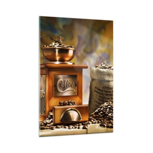 Quadro su vetro - Macinacaffè con chicchi e una tazza sullo sfondo - 80x120cm - Scricchiolio dei chicchi, tintinnio del macinino - Decorazione murale moderna per soggiorno e camera da letto ARTTOR