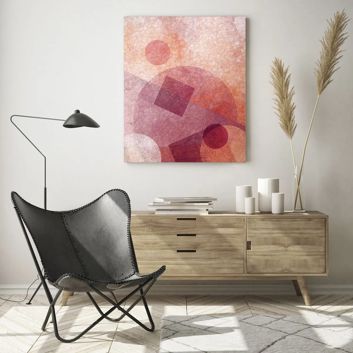 Quadro su vetro - Forme geometriche astratte in tonalità pastello di rosa - 80x120cm - Trasformazioni geometriche in rosa - Decorazione murale moderna per soggiorno e camera da letto ARTTOR
