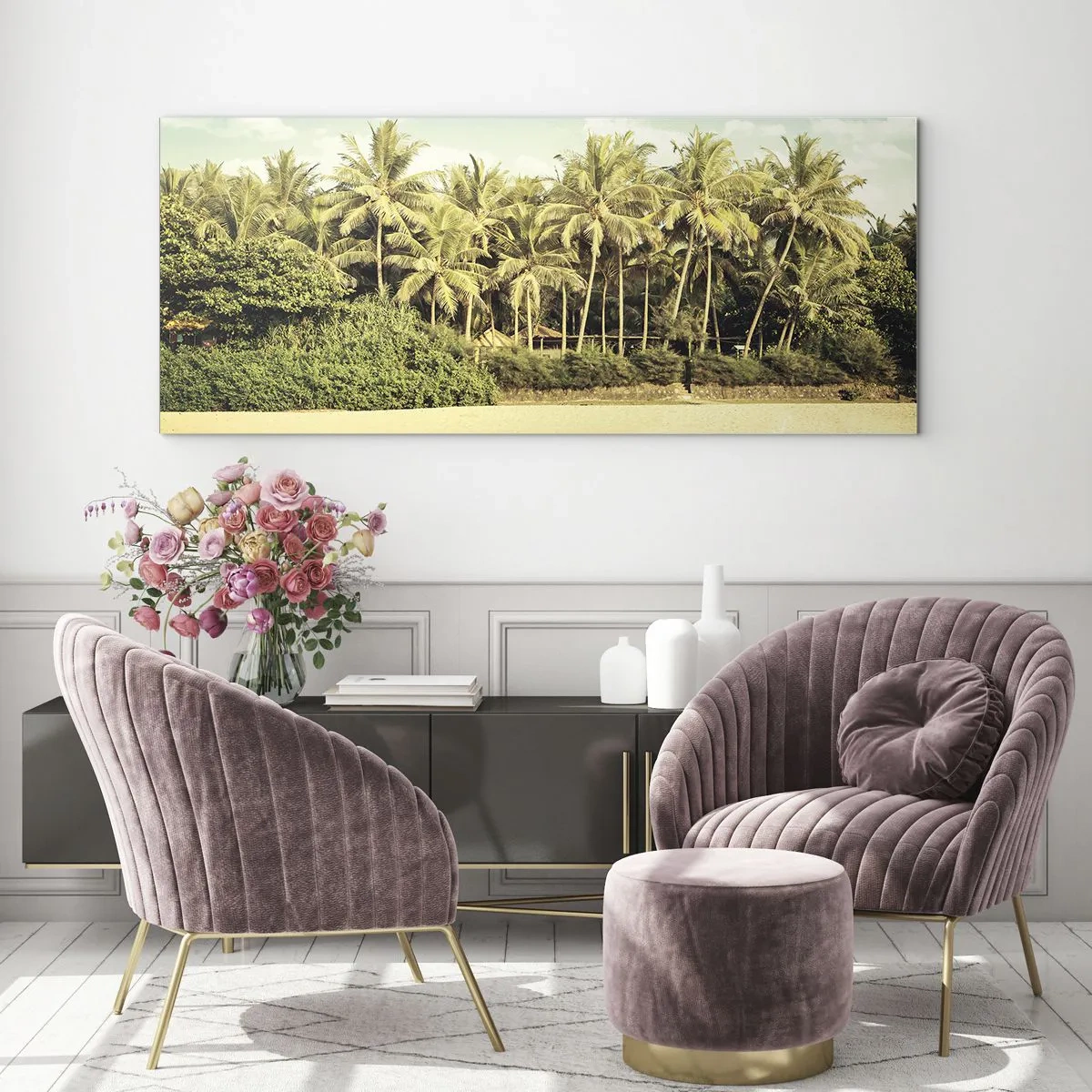 Quadro su vetro - Spiaggia tropicale con palme e mare turchese - 120x50cm - Forse qui? - Decorazione murale moderna per soggiorno e camera da letto ARTTOR