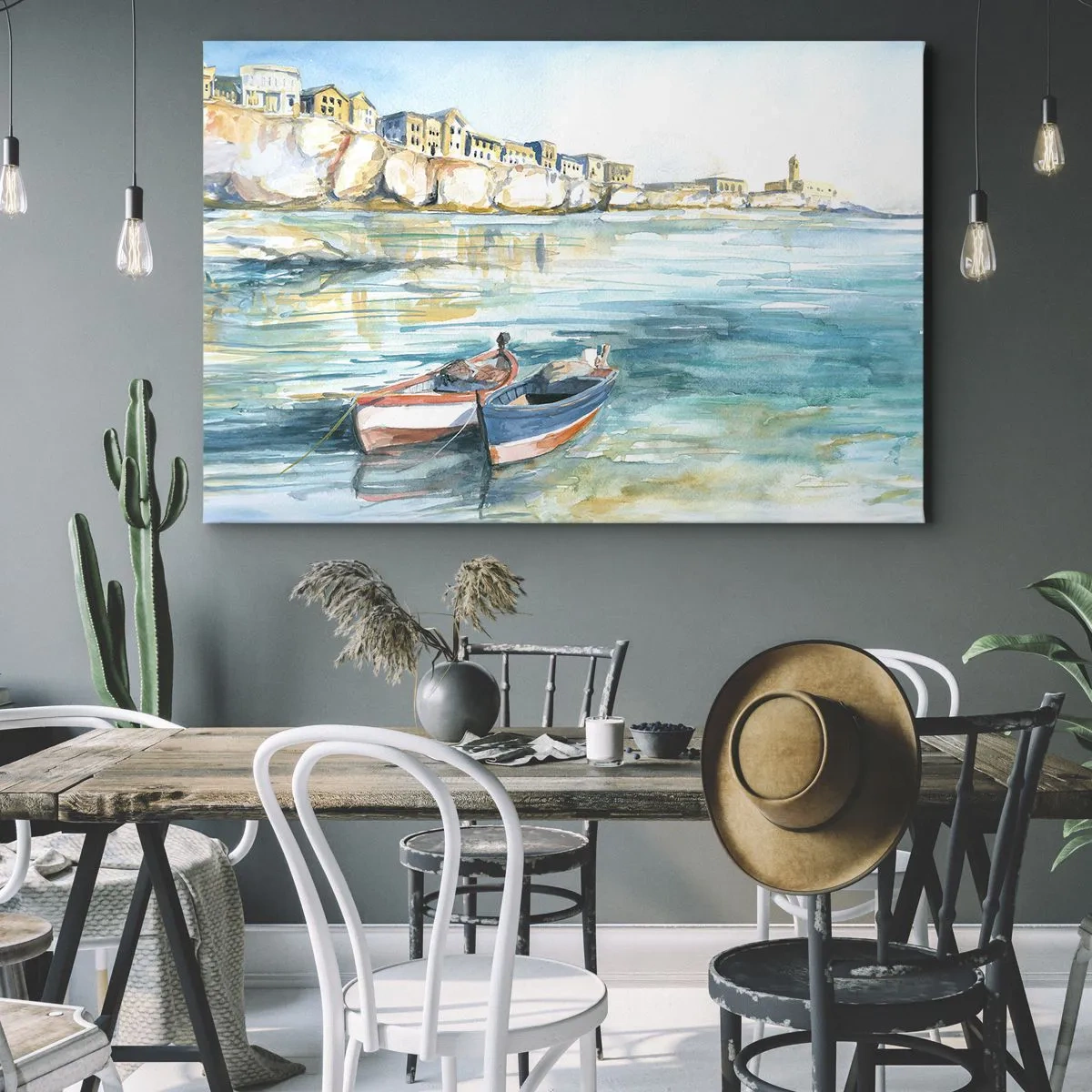 Quadro su tela - Stampe su Tela - Un pittoresco paesaggio costiero con barche sull'acqua - 100x70cm - Paesaggio in azzurro - Decorazione murale moderna per soggiorno e camera da letto ARTTOR