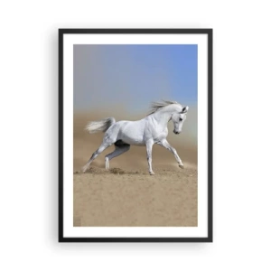 Poster in cornice nera - Un cavallo bianco al galoppo sullo sfondo del deserto - 50x70cm - La più bella favola araba - Decorazione murale moderna per soggiorno e camera da letto ARTTOR