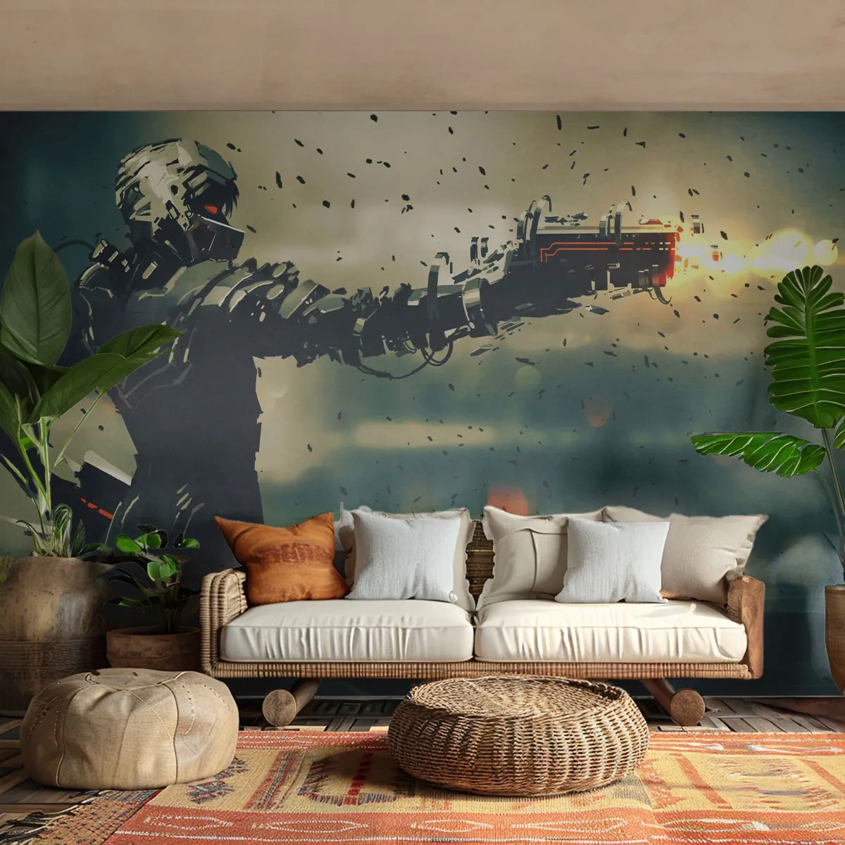 Fotomurali Premium Sand - Guerriero cibernetico con una pistola in un mondo futuristico - 100x70cm - L'arma assassina: il tuo Terminator - Decorazione murale moderna per soggiorno e camera da letto ARTTOR