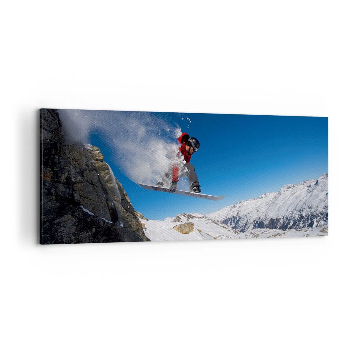 Quadro su tela - Stampe su Tela - Uno snowboarder salta da una roccia contro un paesaggio montano - 120x50cm - E diventi parte del panorama - Decorazione murale moderna per soggiorno e camera da letto ARTTOR